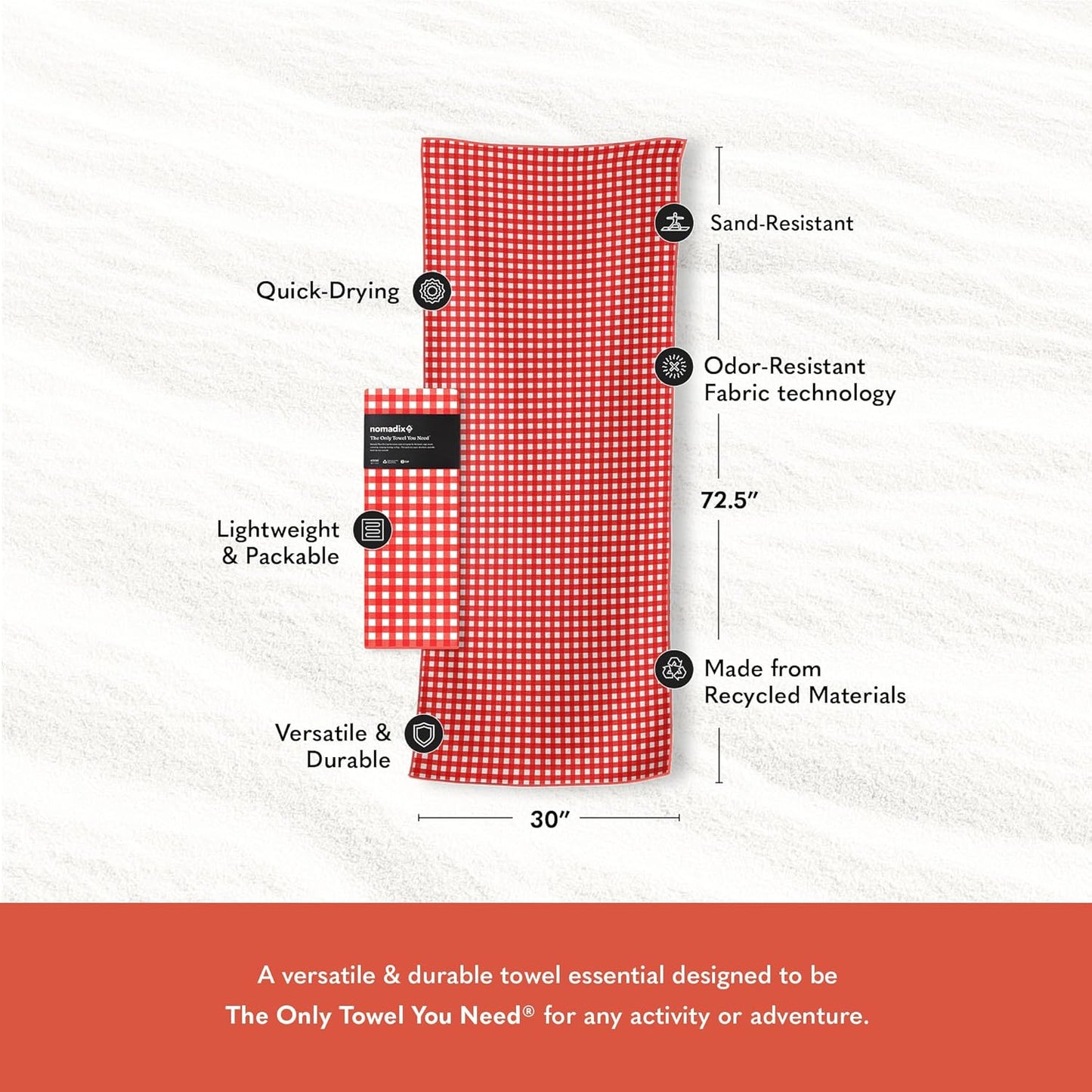 Nomadix Original Towel - Perfect for Beach, Pool, Travel, Camping, Yoga - Made with Recycled Materials - Super Absorbent - Sand Resistant - Gingham Red - 72.5x30