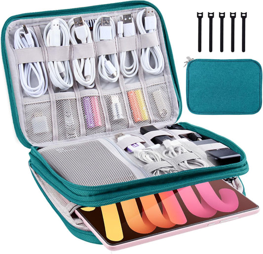 Electronics Organizer,Travel Cable Organizer Bag,Water Resistant Double Layers Pouch for Cable,Cord,iPhone,iPad Mini,Gift for Men Electronic Accessories Storage Case with 5 Cable Ties,Green