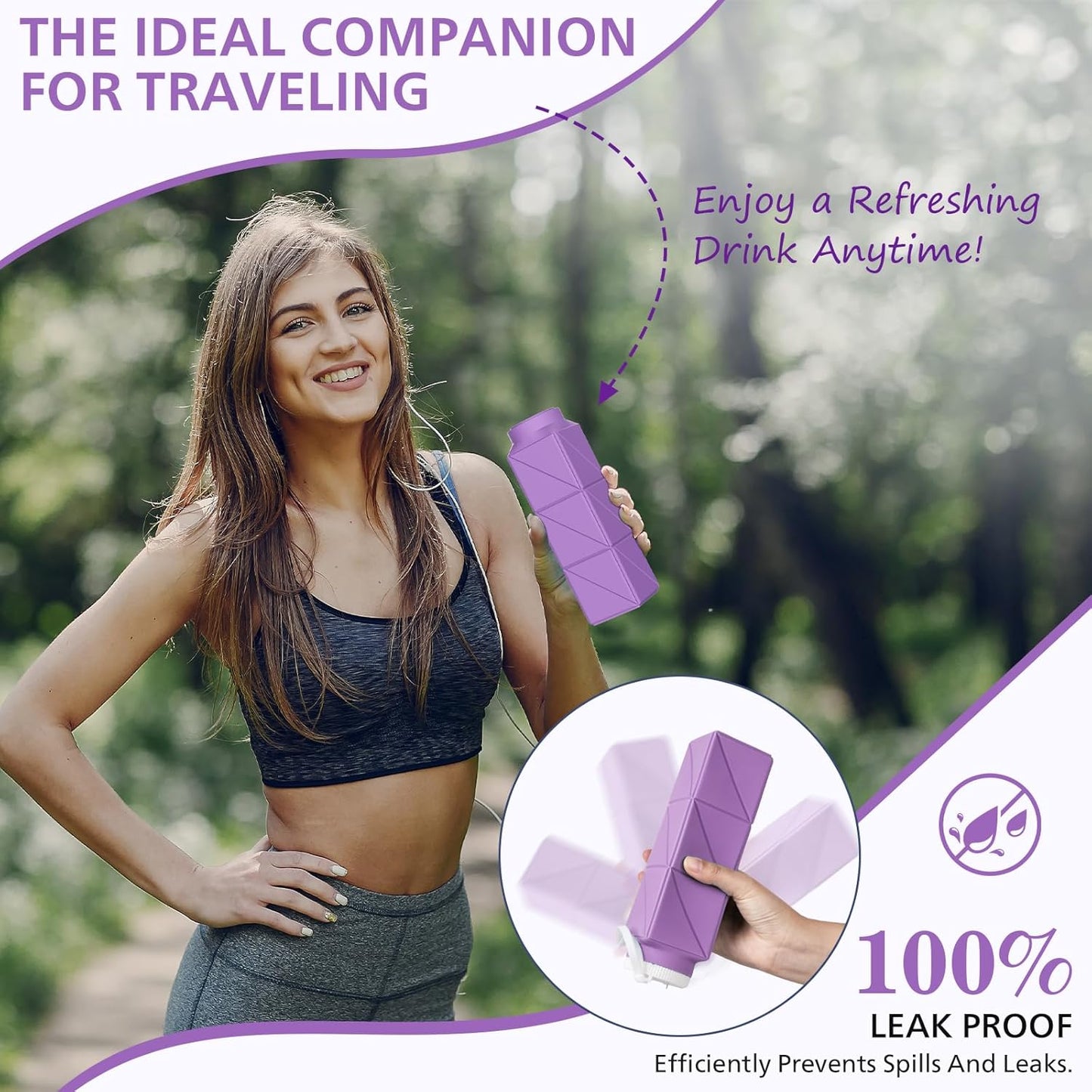 610ml Collapsible Water Bottles Upgrade Foldable Water Bottle BPA Free Reusable Lightweight LeakProof Silicone Water Bottles 20.6oz for Travel Gym Hiking Office Camping Sport Light Purple