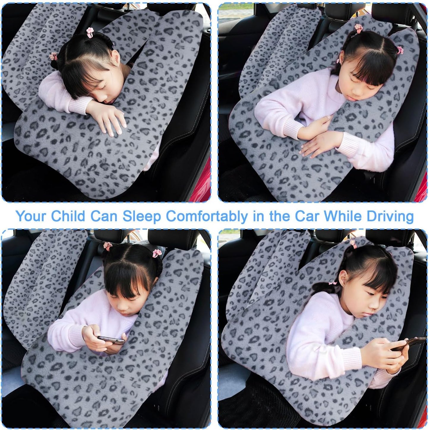 Travel Pillow, Travel Pillow for Kids, Sleeper Hold Pillow Travel, Removable U-Shaped Pillow for Adults and Children to Support Head and Body in The Back Seat of Long Car Trips (Gray Leopard Print)