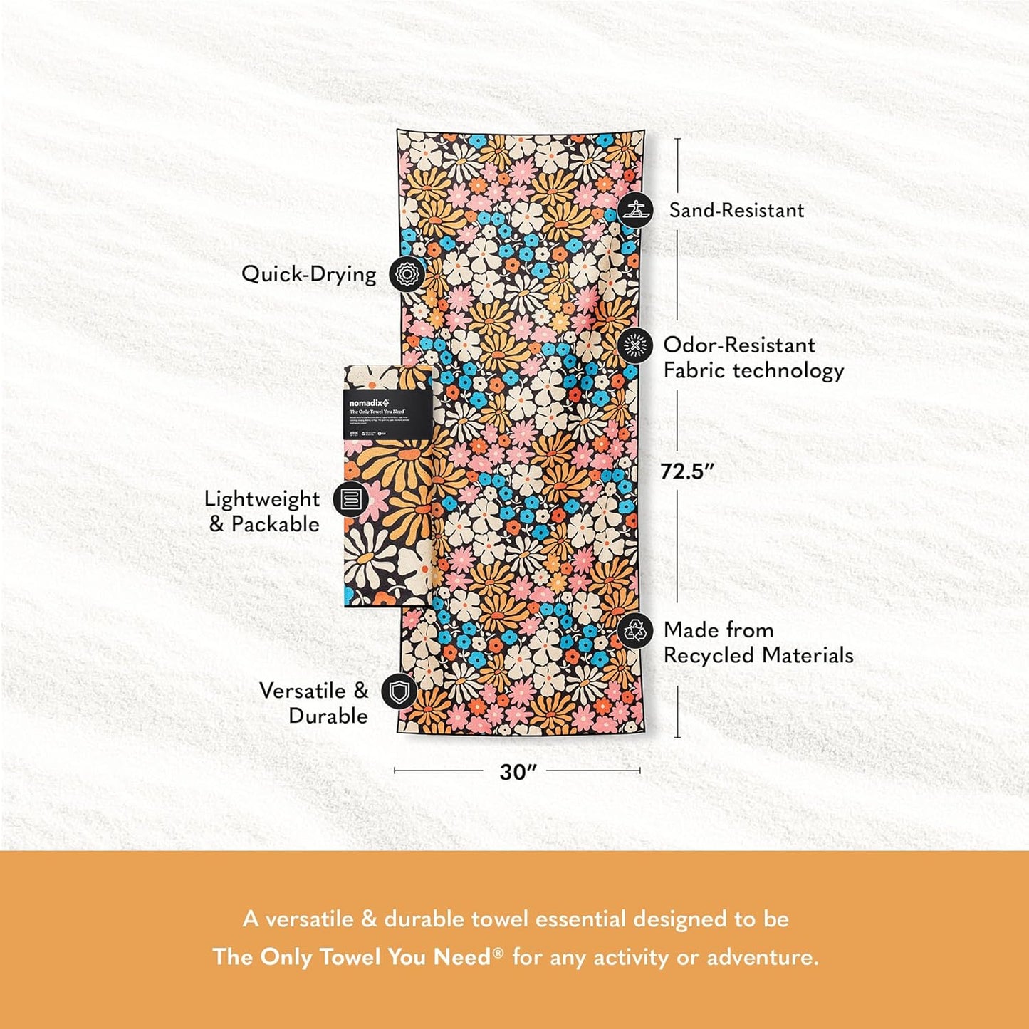 Nomadix Original Towel - Perfect for Beach, Pool, Travel, Camping, Yoga - Made with Recycled Materials - Super Absorbent - Sand Resistant - Hula Multi - 72.5x30