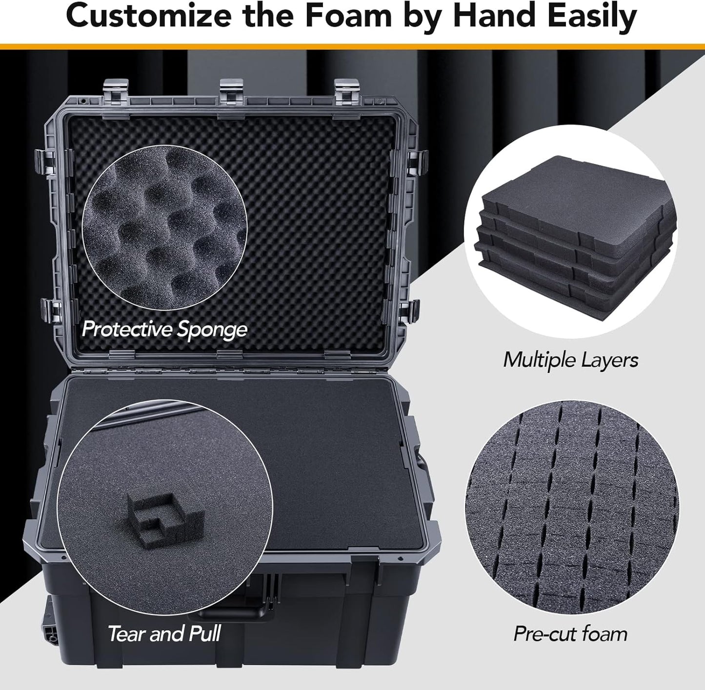 Lykus HC-7240 Large Waterproof Hard Case with Wheels and Customizable Foam, Interior Size 28.3x21.6x15.6 inch, Suitable for cameras, lenses, electronic equipment and more