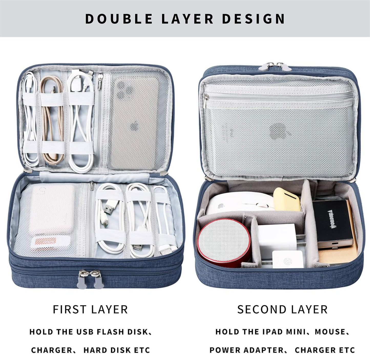 MIRLEWAIY Travel Cord Cable Organizer, Portable Electronics Accessories Carrying Bag Storage Case for Dad's Day Hard Drives, Cable, Cord, Charger, Hard Drive, Earphone, Dark Blue