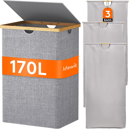Lifewit 170L Triple Laundry Hamper with Lid, Extra Large Bamboo Laundry Basket Dirty Clothes Hamper,3 Section Laundry Bin Organizer for Laundry Room Bedroom with 3 Removable Liners & Bags, Light Gray