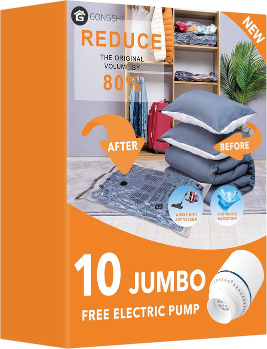 10 Jumbo Vacuum Storage Bags with Electric Pump,Plastic Packaging Bags, Space Saver Bag for Clothes, Mattress, Blanket, Duvets, Pillows, Comforters, Travel