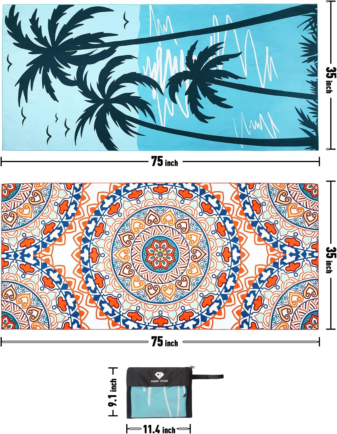 2 Pack Oversized Microfiber Beach Towel, 75'x 35', Sand-Free, Quick Drying, Super Absorbent