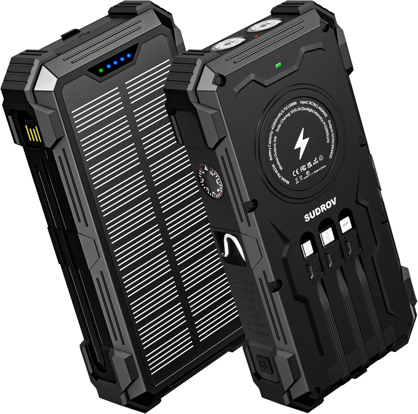 Solar Charger Power Bank, 42800mAh Wireless Portable Charger with USB-C in/Output, QC3.0 Fast Charging 15W 4 Ports Outdoor Battery Pack Built-in Dual Led Flashlights for iPhone Samsung etc