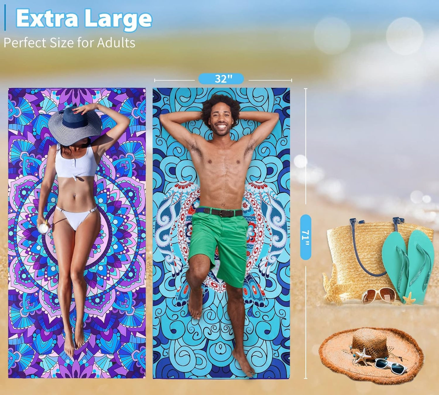 2 Pack Microfiber Oversized Lightweight Beach Towel 71"x32" Extra Thin Large Sand Free Towels Travel Swim Pool Yoga Gym for Adults Women Men Beach Essentials Accessories Vacation Gift