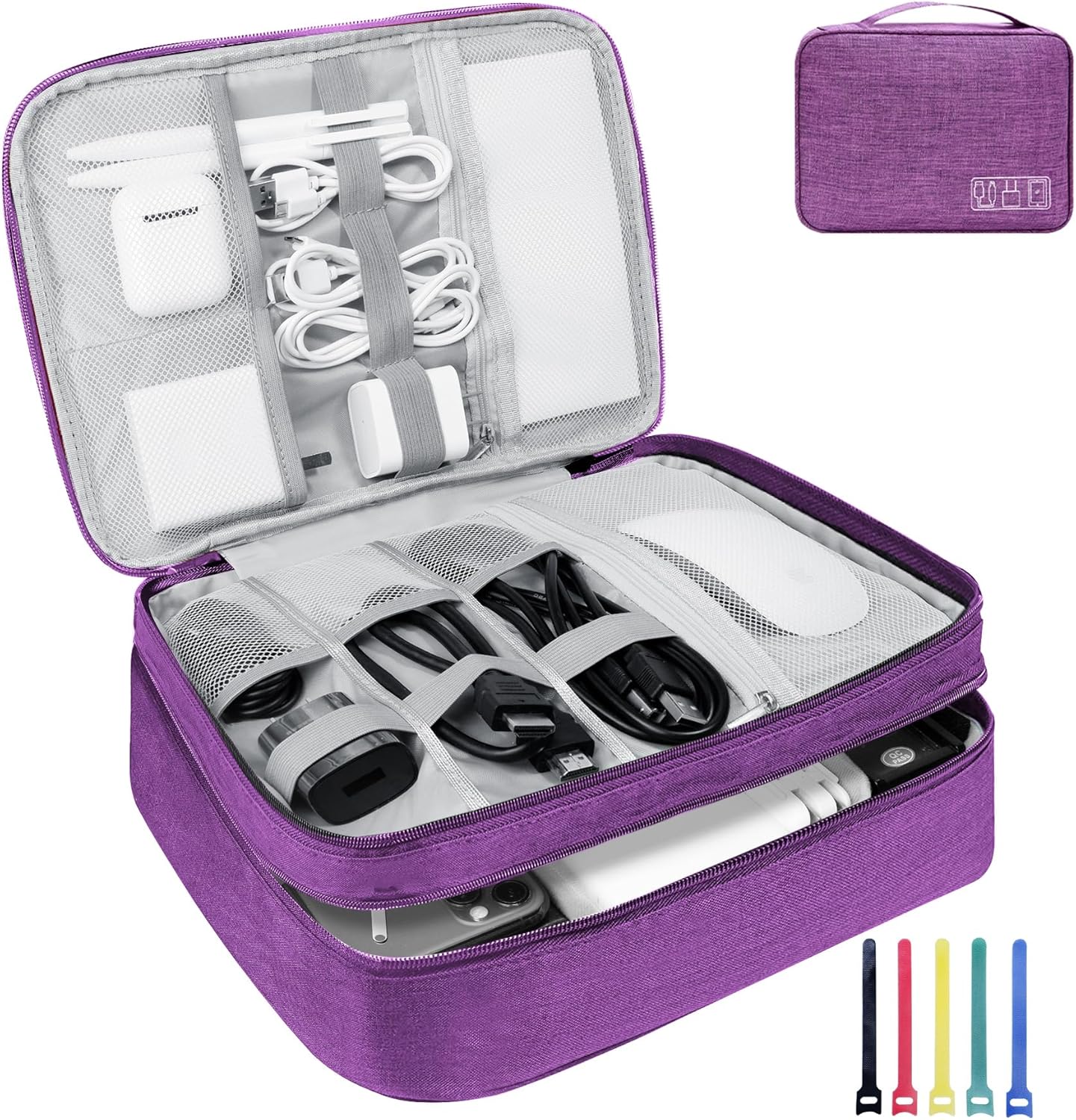 Electronics Travel Organizer,Large Double Layer Portable Waterproof Travel Organizer Bag for Charging Cable Storage,Ipad,Power Bank,Hard Drive etc,for Travel,Business,5pcs Cable Ties-Purple