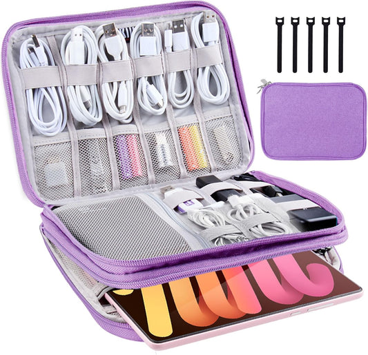 Electronics Organizer - Travel Cable Organizer Bag, Water Resistant Double Layers Pouch for Cord, iPhone, iPad Mini - Gift for Men Electronic Accessories Storage Case with 5 Cable Ties, Purple