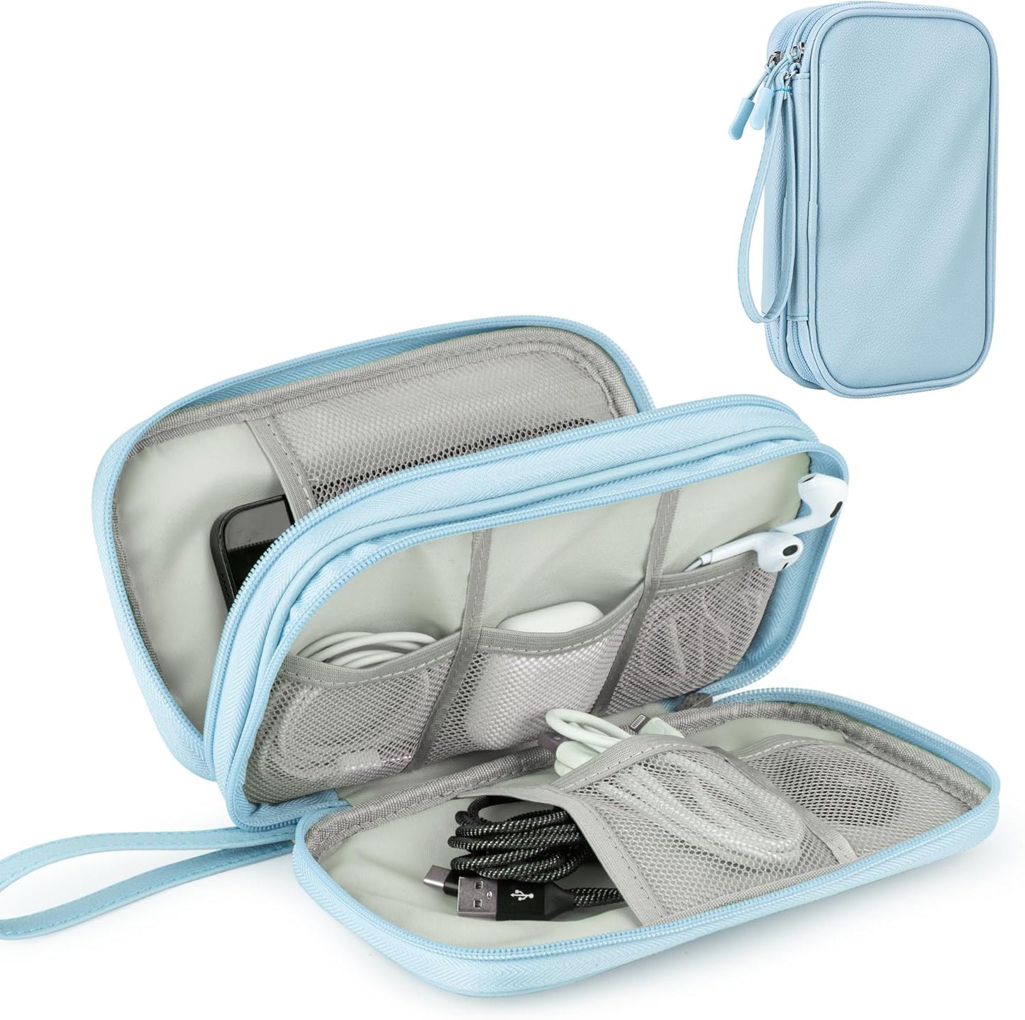 Leather Travel Electronic Organizer - Double Layer, Waterproof Case for Cables, Chargers, Phones & More - Portable, Shockproof Pouch for All Your Electronics Accessories (Light Blue, M)