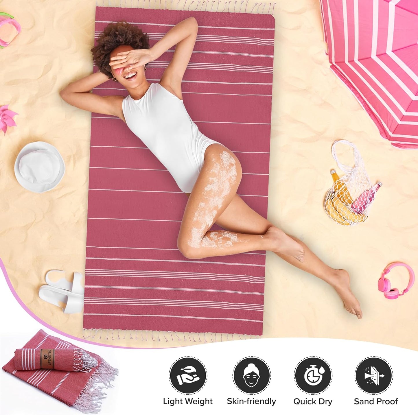 Oversized Sand Resistant Prewashed Turkish Cotton Quick Drying, Compact, Lightweight Beach, Bath, Pool, Gym, Yoga Towel - 40x71 inch