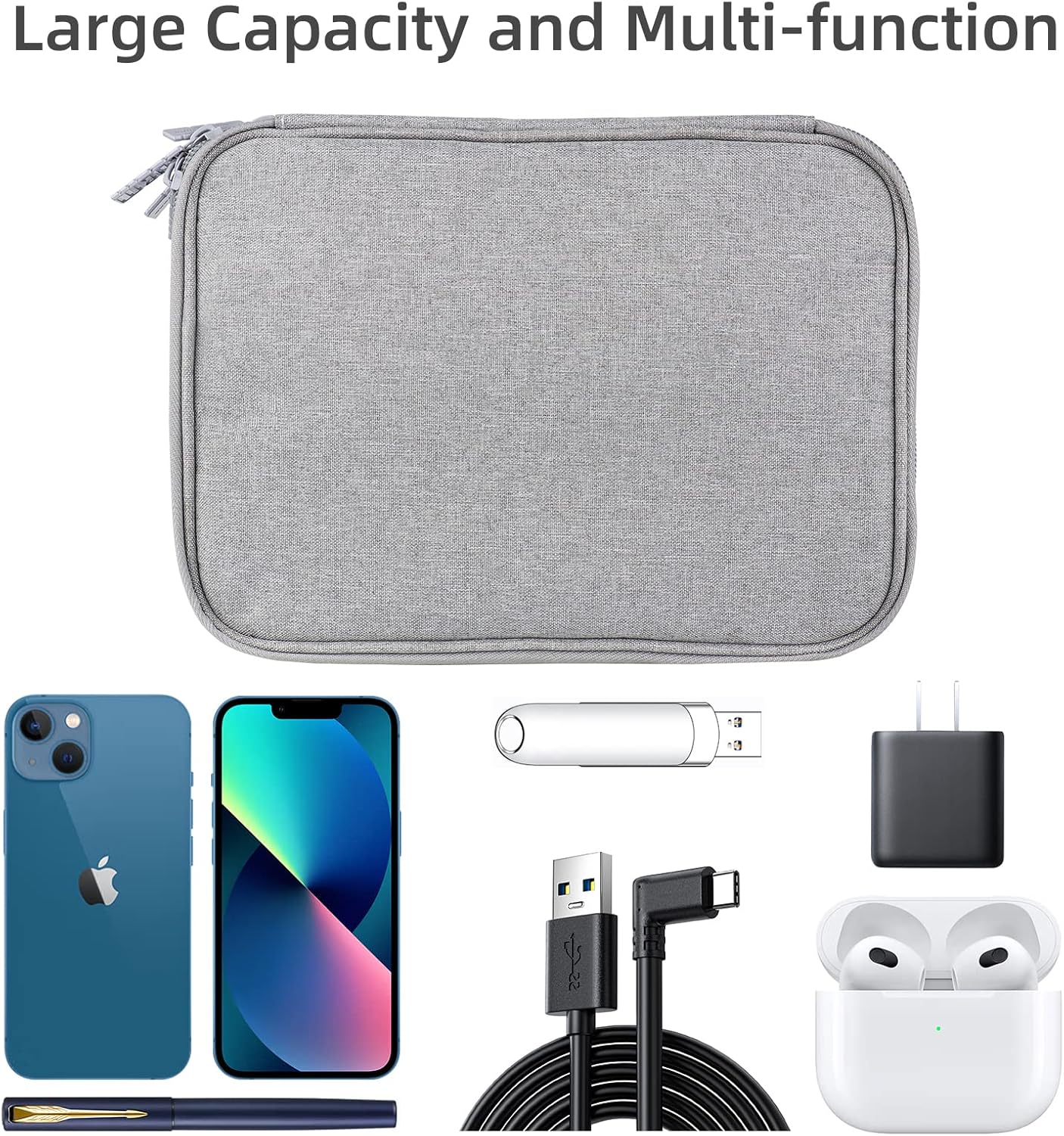 Electronics Organizer Travel Case Cord Cable Charger Organizer Bag Travel Accessories Essentials for Women Men Double Layers Tech Pouch with 5 Cable Ties for Phone Power Bank SD Card USB, Grey