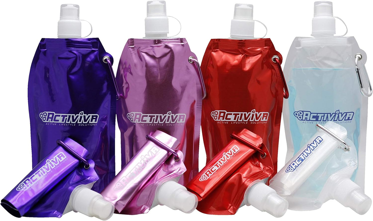 USA Merchant | Collapsible Reusable Water Bottle with Carabiner Clip Light Weight Leak Proof Foldable Drinking Water Bottle Non Toxic BPA Free - 16.9 oz 4 Pack (Pink, Purple, Red, Clear)