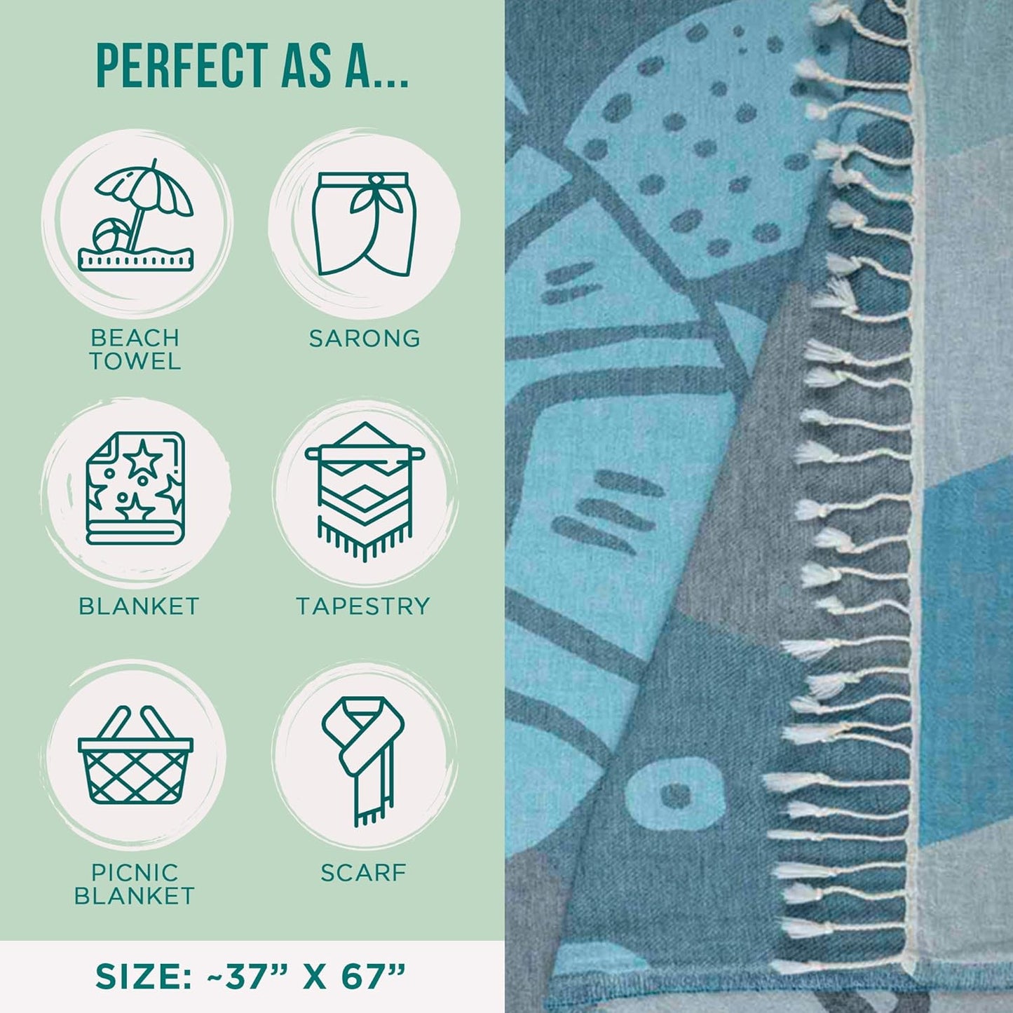 Sand Cloud Oversized Turkish Beach Towel (Bruno Blue) - 100% Certified Cotton Turkish Bath Towels - Sand Free & Quick Dry Large Beach Towel for Pool, Yoga, Picnic & Travel - As Seen on Shark Tank