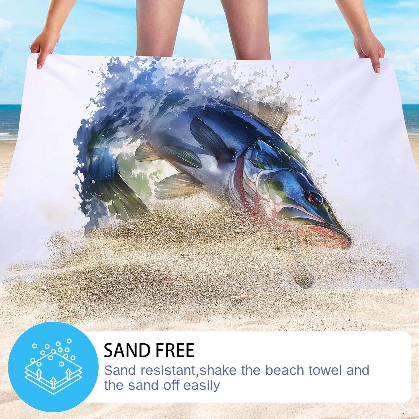 WZOMT Bass Fish Beach Towel Blanket Fishing Towels, Funny Bass Green White Microfiber Bath Towel for Adults Kids, Quick Dry Sandproof Towels for Swim Pool Travel Yoga, Oversized 32x52 Inch