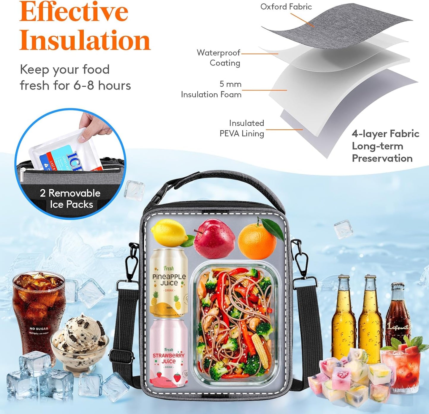 Lifewit Insulated Lunch Box for Men, Expandable Cooler Bag, Freezable Lunch Bag for Women with 2 Ice Packs and Shoulder Straps for Work Travel College, 8.2L Gray