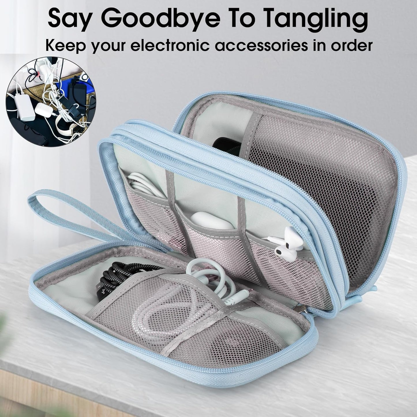 Leather Travel Electronic Organizer - Double Layer, Waterproof Case for Cables, Chargers, Phones & More - Portable, Shockproof Pouch for All Your Electronics Accessories (Light Blue, M)