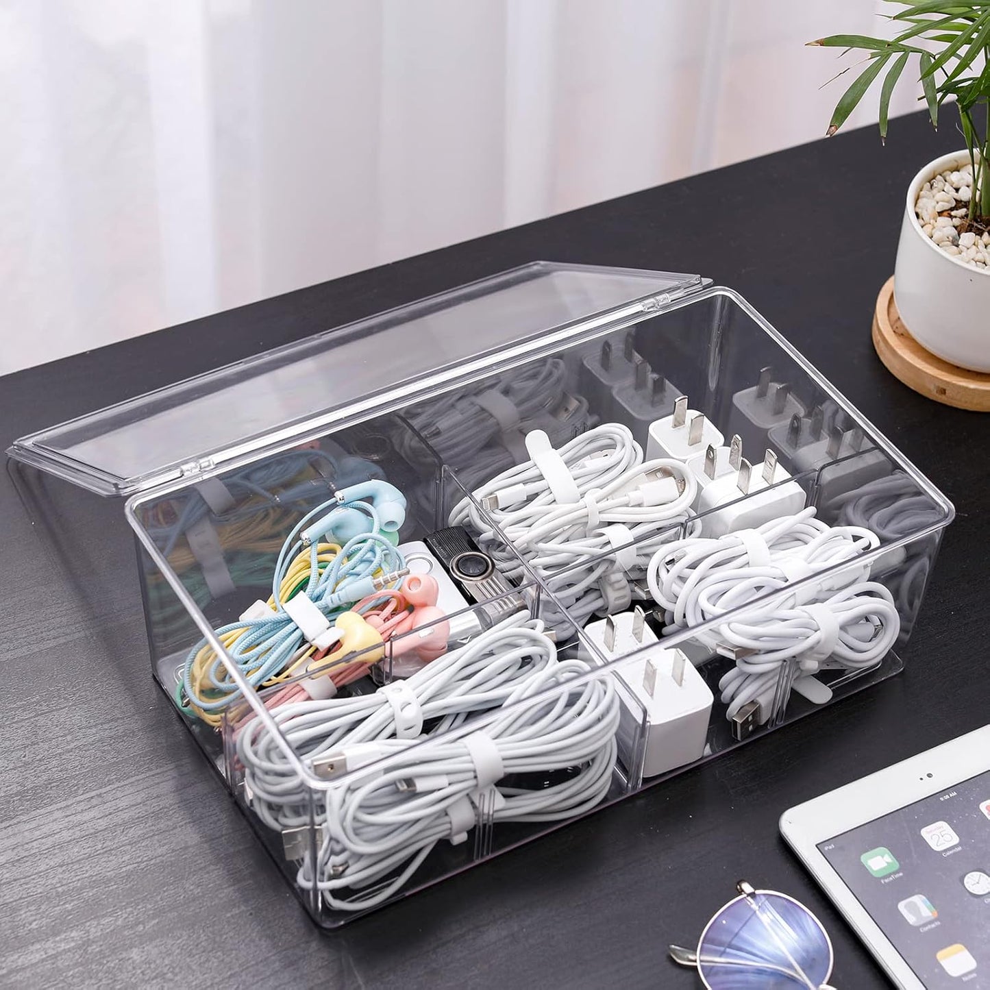 Yesesion Clear Plastic Storage Bins with Lid, Large Cable Organizer Box with Lid and 20 Wire Ties, Adjustable Electronic Cord Management Case for Desk Drawer, Home Office, Art Crafts Supply (2 PACK)