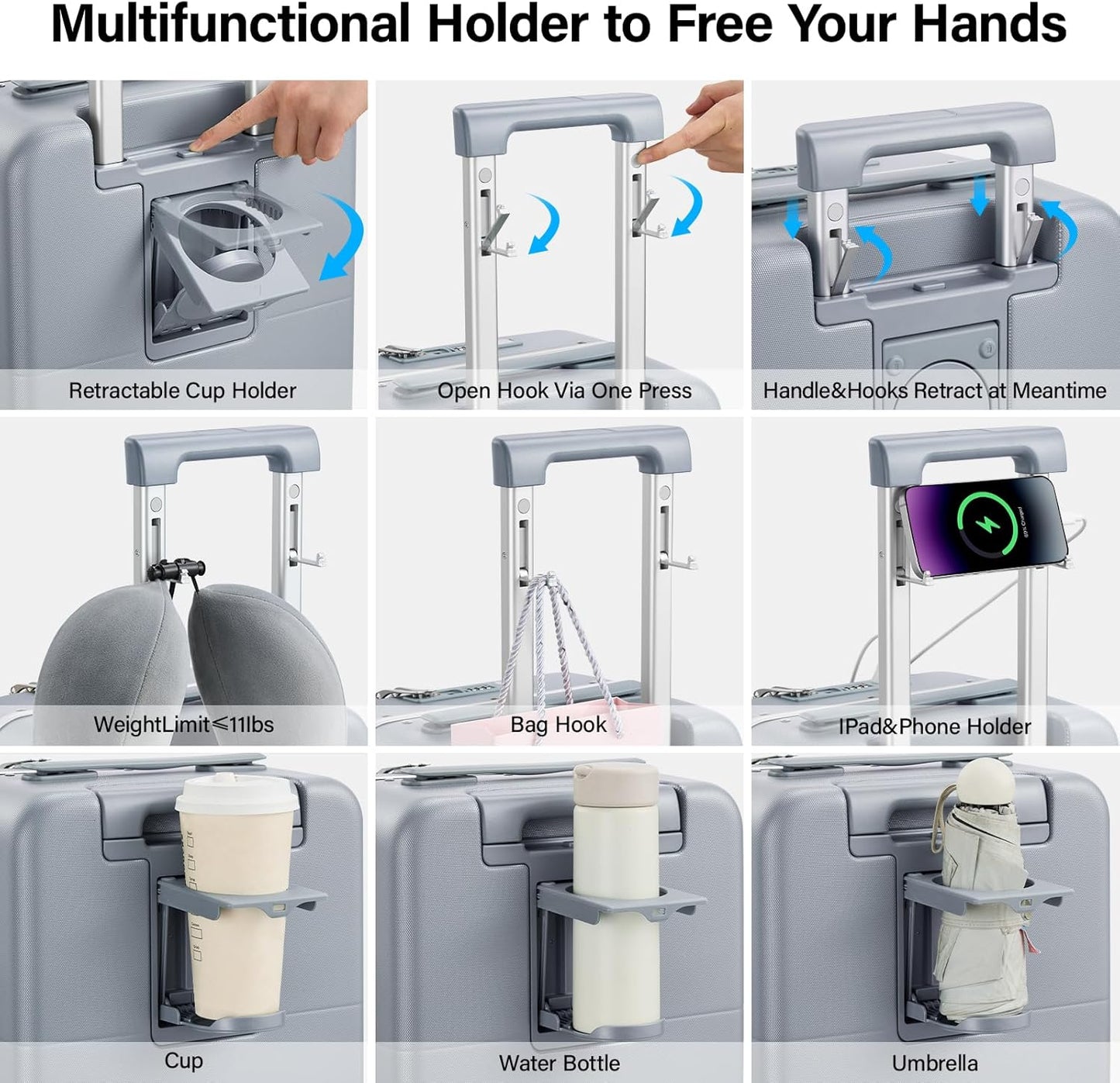 Hanke 20 Inch Carry On Luggage with Cup Holder and Charge,Top Opening Hard Shell Suitcases with Wheels and Dividers,Aluminum Frame Trunk Luggage Small Suitcase with Lock for Travel,Gray