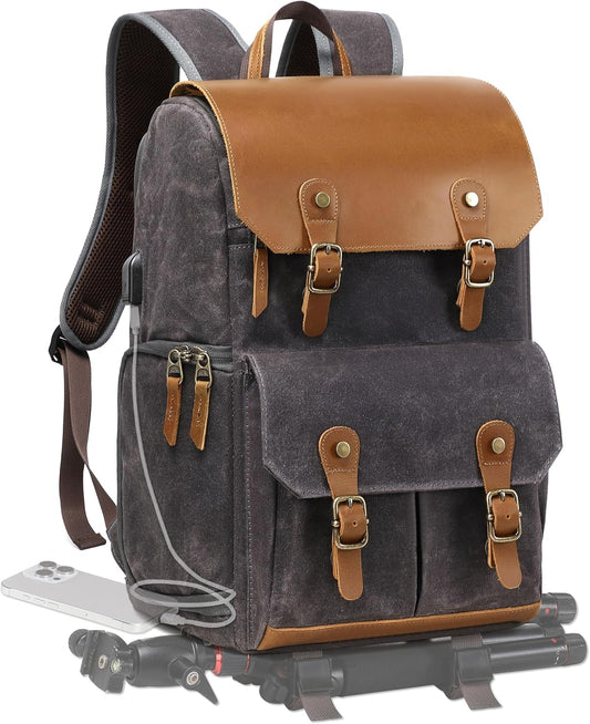 Padwa Lifestyle Black Gray Camera Backpack - Weather Resistant Waxed Memory Canvas Camera Backpacks for Photographers,Multi DSLR SLR Camera Bag with 16” Laptop & Lens Compartment and Tripod Holder