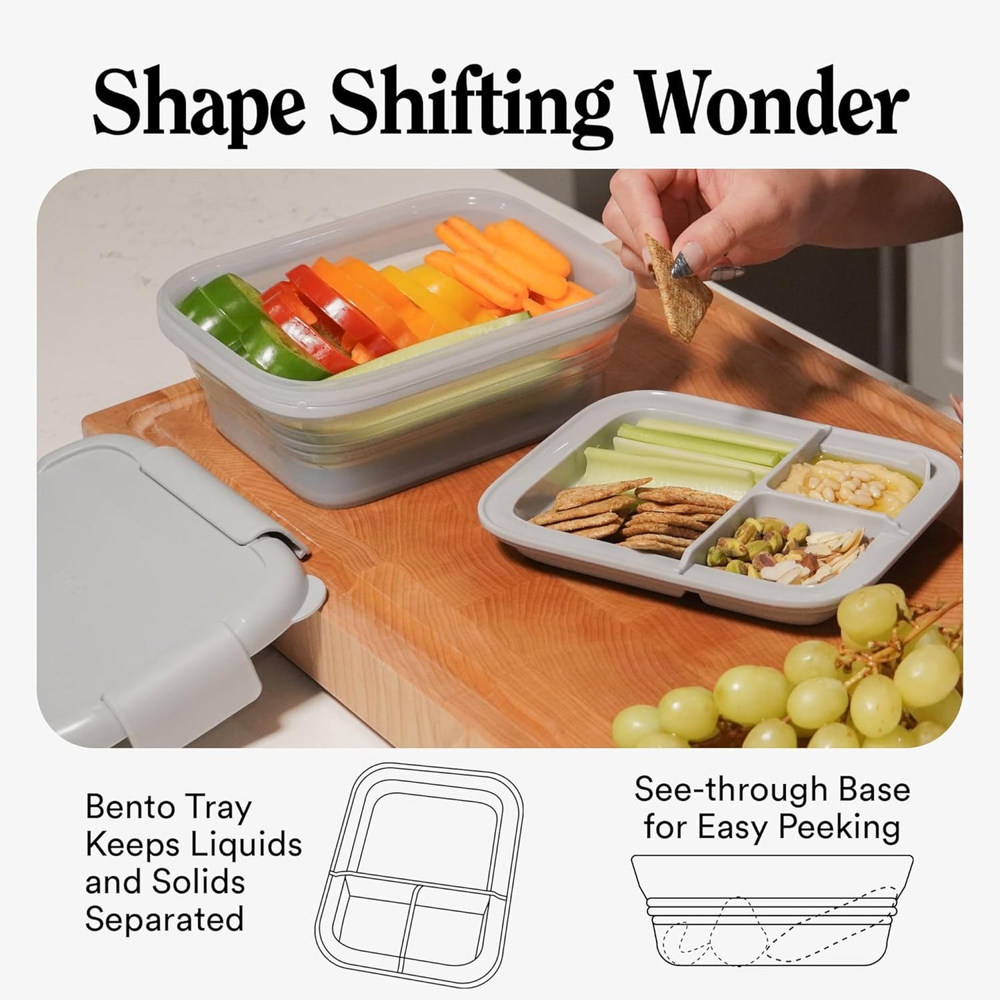 STOJO Collapsible Bento Box, Reusable, Leak-Proof, Microwave & Dishwasher Safe, Premium Lunch Container with Divider – Space-Saving, Transparent Design (Cashmere, 6-Cup/1.5L)