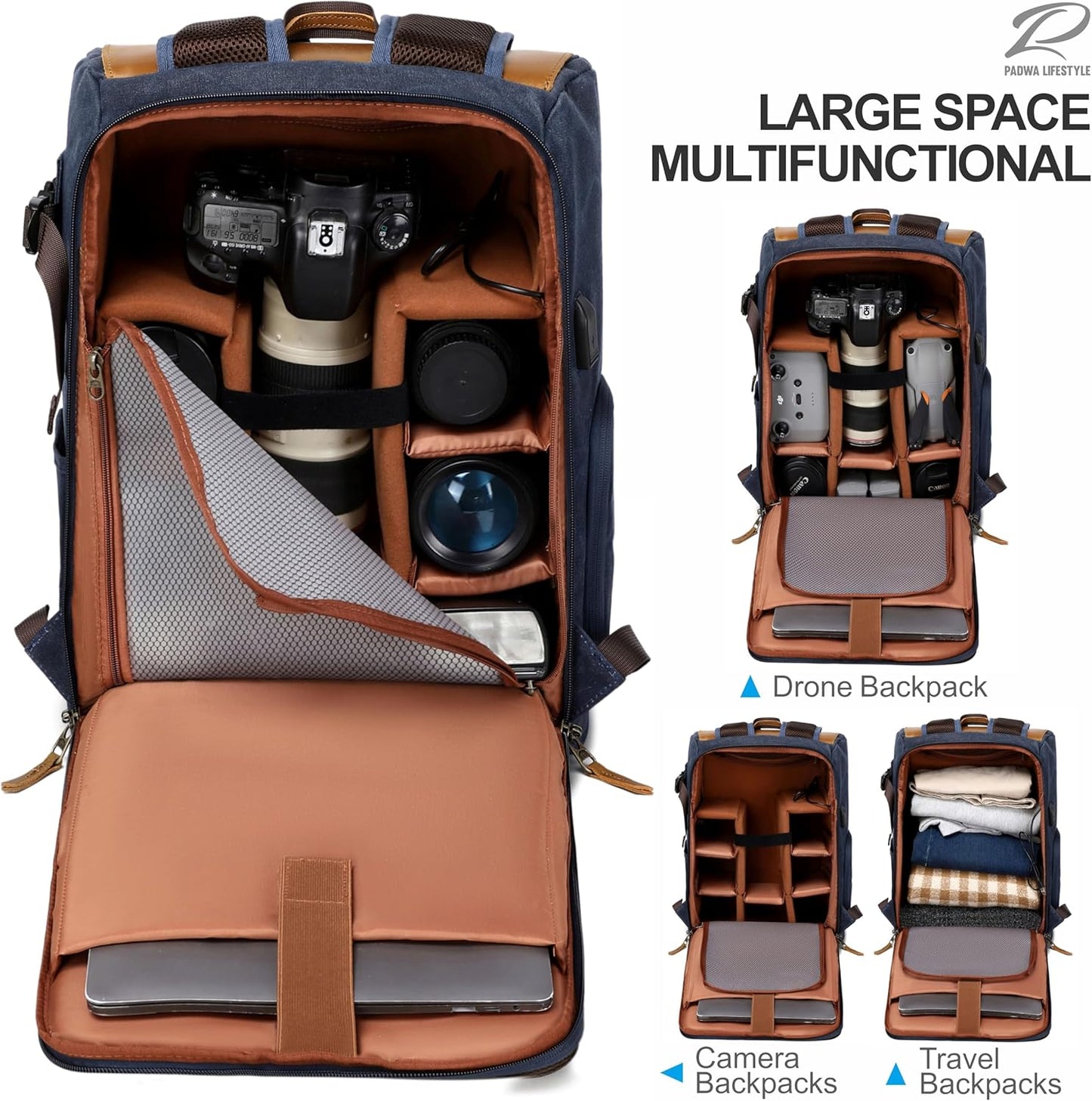 Padwa Lifestyle Blue Camera Backpack - Waxed Memory Weather Resistant Canvas Large Camera Bag,Multifunctional Dslr Camera Backpacks with Multi Cameras,Lens & 16” Laptop Compartment for Photographers