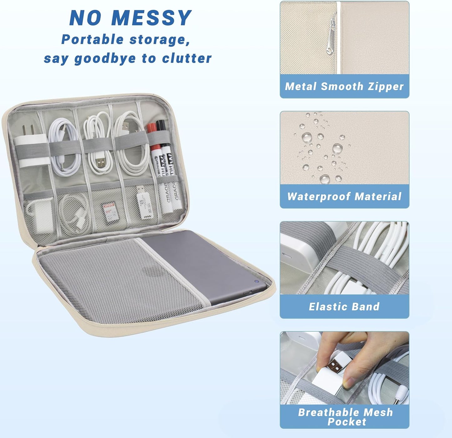 Electronics Organizer,Travel Cord Organizer Pouch, Portable Cable Organizer Bags, Waterproof Electronic Accessories Storage Case for Cables, Cords, Charger, Phone (Single Layer-Large-Beige)