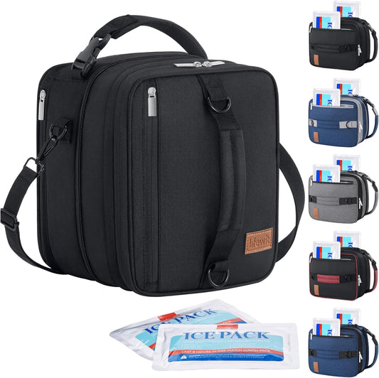 Lifewit Insulated Lunch Box for Men, Expandable Cooler Bag, Freezable Lunch Bag for Women with 2 Ice Packs and Shoulder Straps for Work Travel College, 12L Black