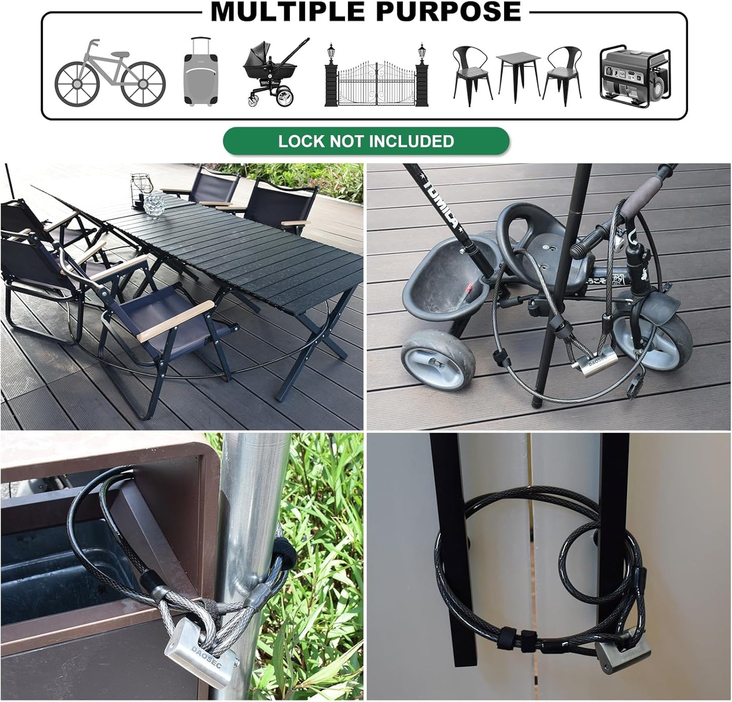 10 ft x 1/2" Heavy Duty Cut-Proof Security Cable | Flexible Vinyl-Coated Braided Steel with Looped Ends | Weatherproof Anti-Theft Locking Cable for Bikes, Gates, Kayaking & Outdoor Equipment