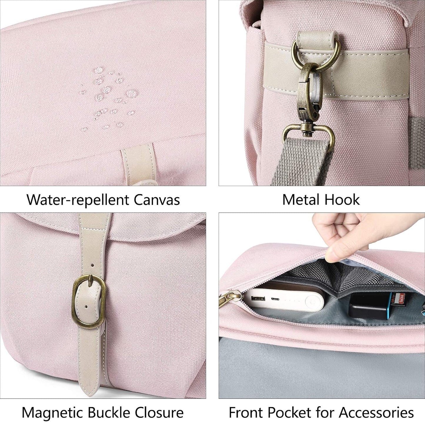 BAGSMART Camera Bag, SLR DSLR Canvas Crossbody Camera Case, Compact Camera Shoulder Bag with Rain Cover for Women and Men, Pink