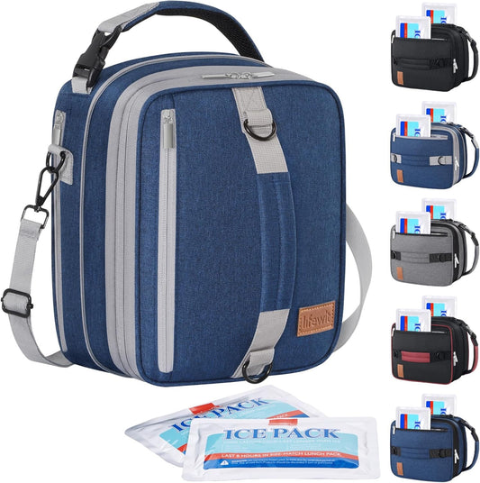 Lifewit Insulated Lunch Box for Men, Expandable Cooler Bag, Freezable Lunch Bag for Women with 2 Ice Packs and Shoulder Straps for Work Travel College, 8.2L Gray and Blue