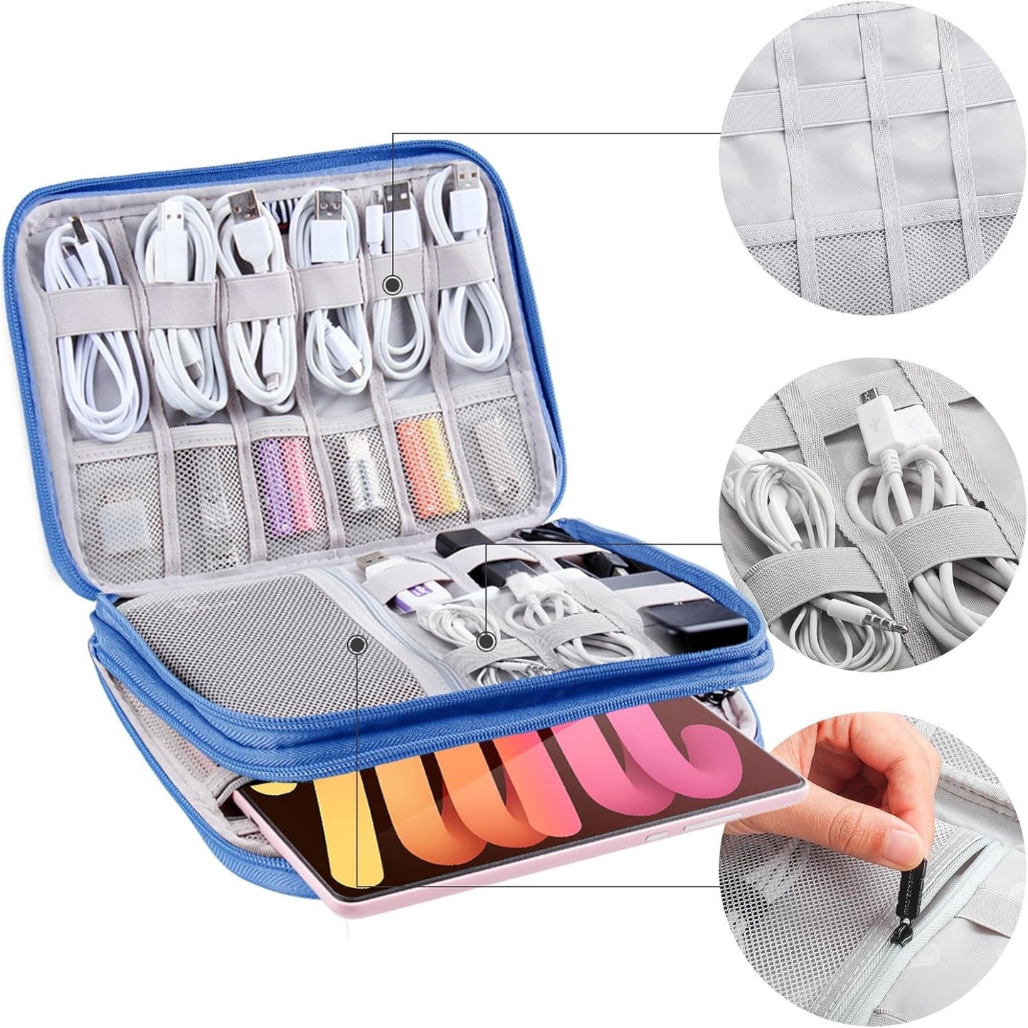 Electronics Organizer - Travel Cable Organizer Bag, Water Resistant Double Layers Pouch for Cord, iPhone, iPad Mini - Gift for Men Electronic Accessories Storage Case with 5 Cable Ties, Blue