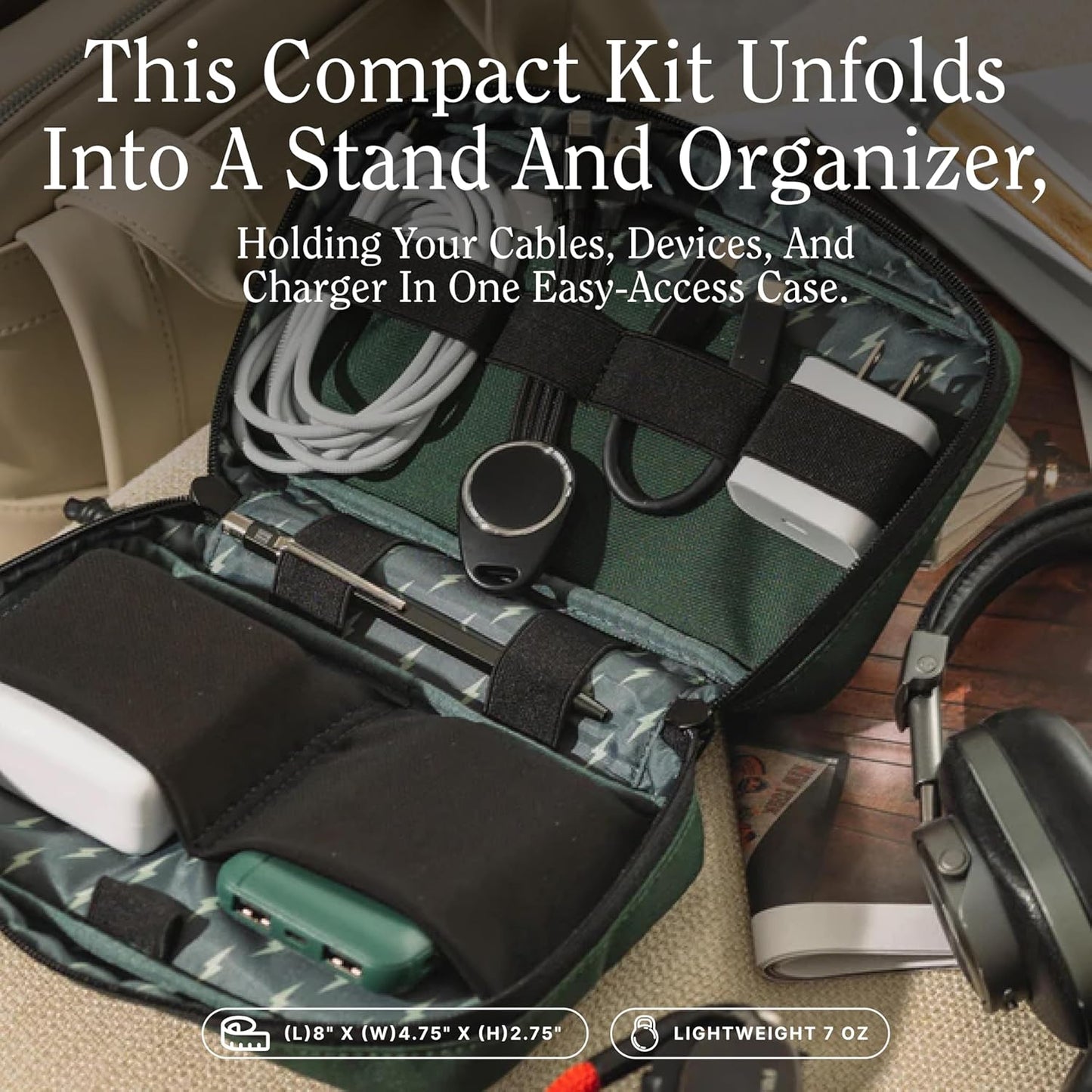 Halfday Sidekick Tech Organizer Kit | Flip-Out Kickstand for Phone/Tablet, Zip-Flat Pouch with Power Mesh & Elastic for Cable & Charger (Splash-Resistant Travel Electronics Accessories Case), Shadow