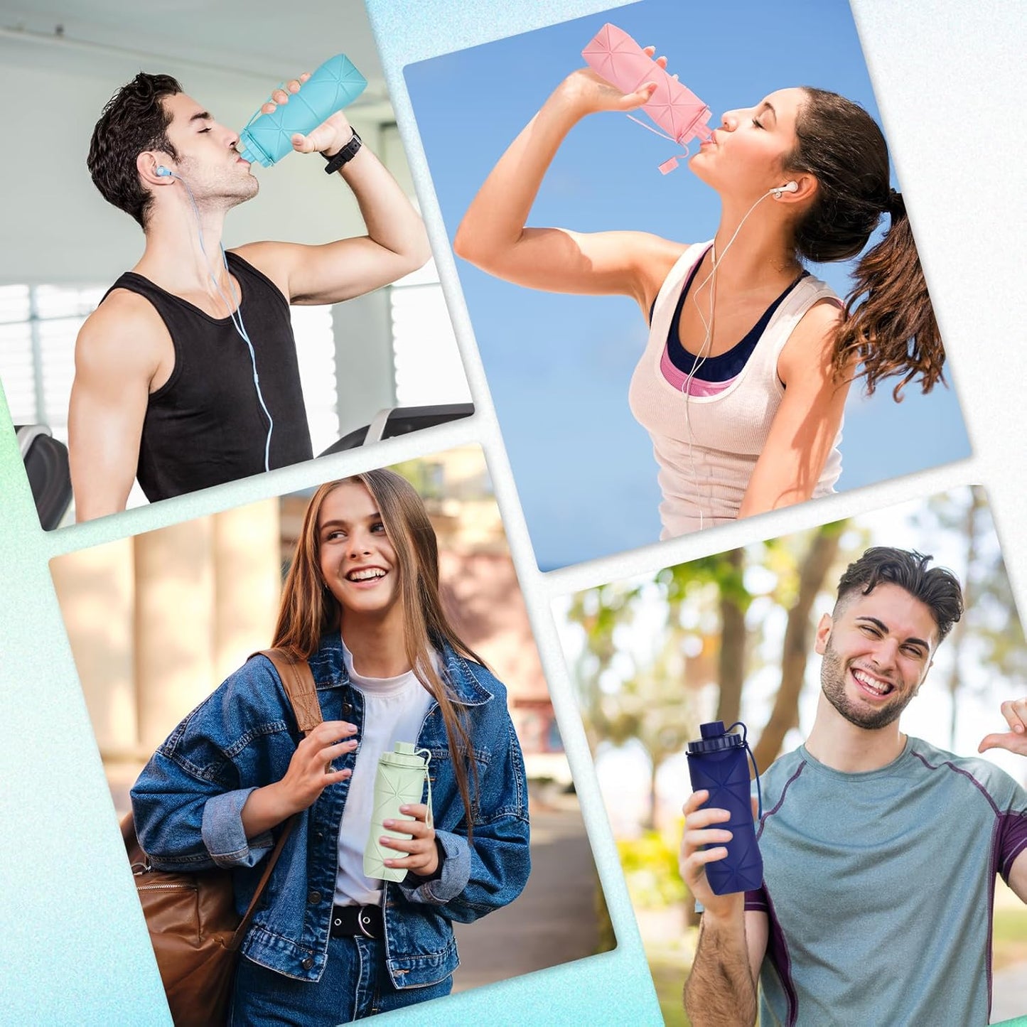 YCT Collapsible Silicone Travel Water Bottle 20oz (600ml), Reuseable Leakproof BPA Free Foldable Sports Bottle, with Carrying Strap, Dark Gray + Blue