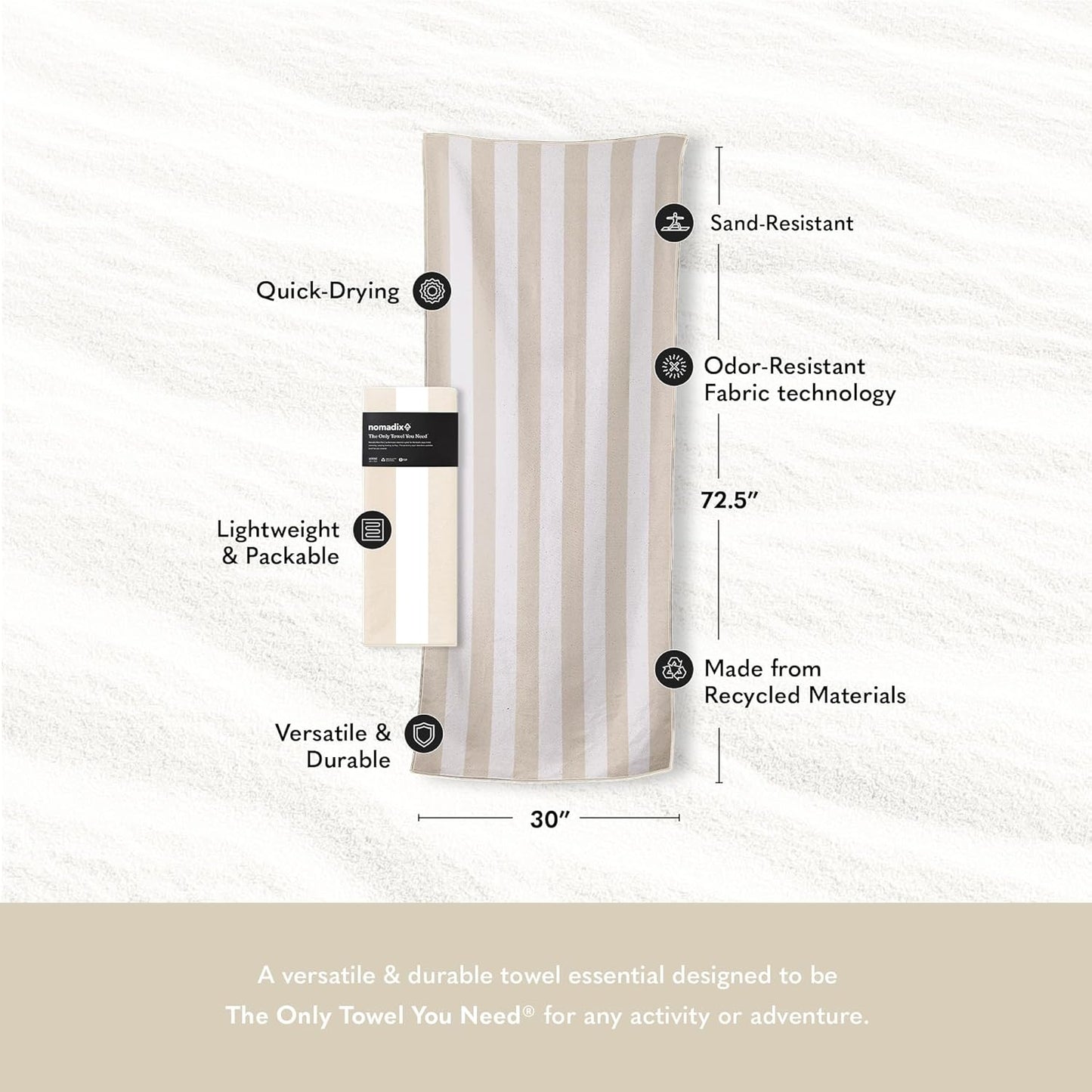 Nomadix Original Towel - Perfect for Beach, Pool, Travel, Camping, Yoga - Made with Recycled Materials - Super Absorbent - Sand Resistant - Cabana Stripe Beige - 72.5x30