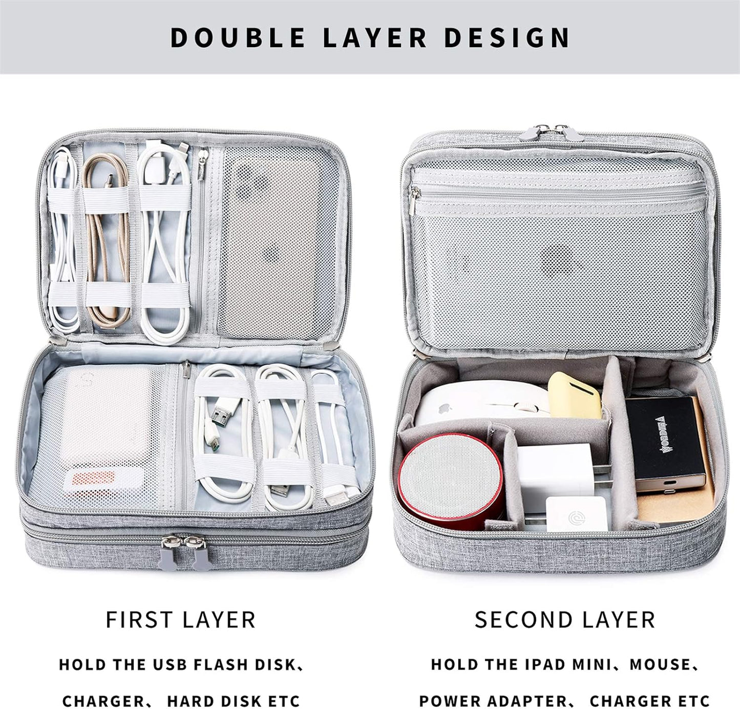 Lanola Travel Cable Organizer Bag, Electronic Accessories Case Portable Double Layer Cable Storage Bag for Cord,phone,Charger, Flash Drive, Phone, SD Card,Personal Items - (Grey)