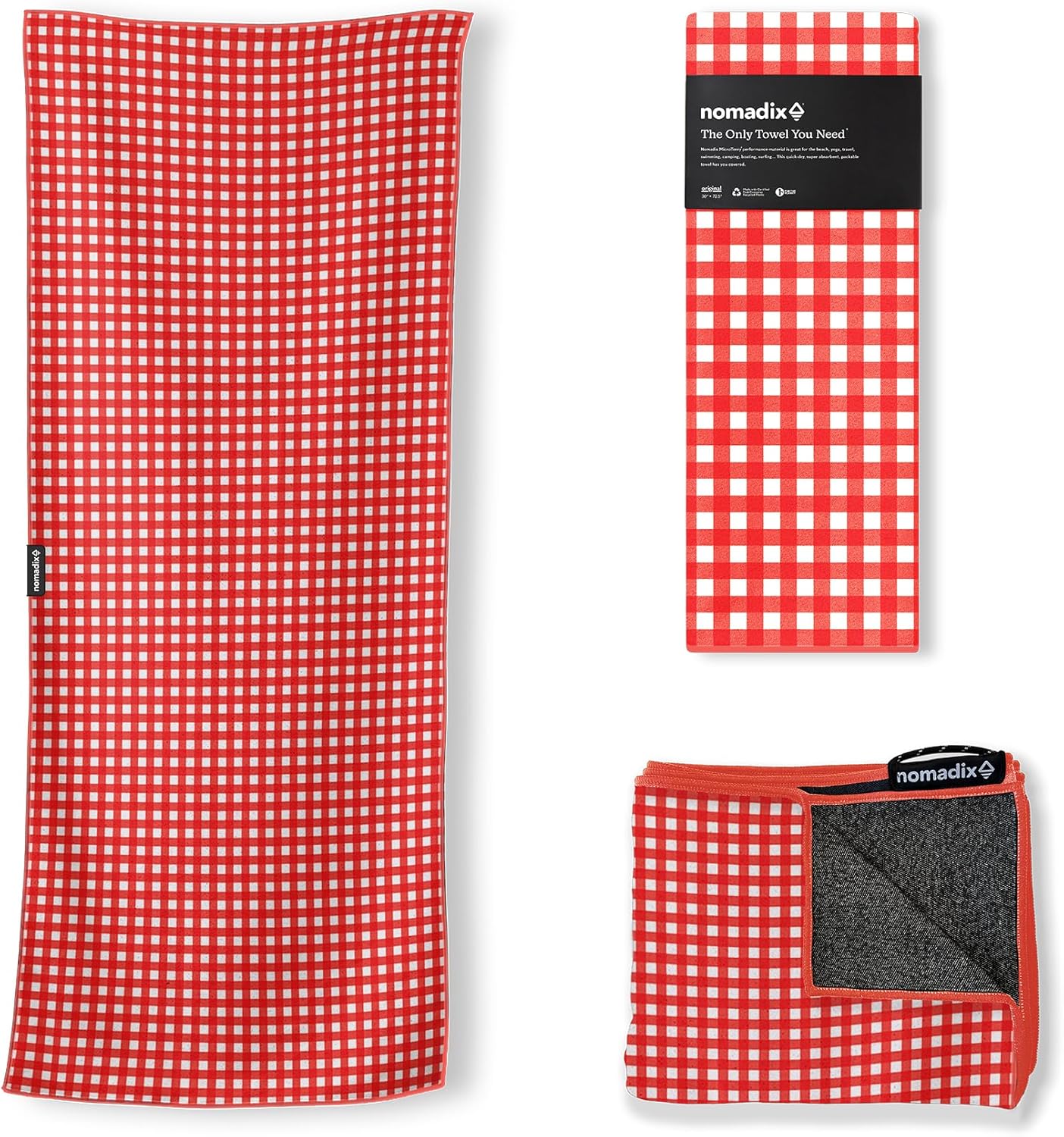 Nomadix Original Towel - Perfect for Beach, Pool, Travel, Camping, Yoga - Made with Recycled Materials - Super Absorbent - Sand Resistant - Gingham Red - 72.5x30