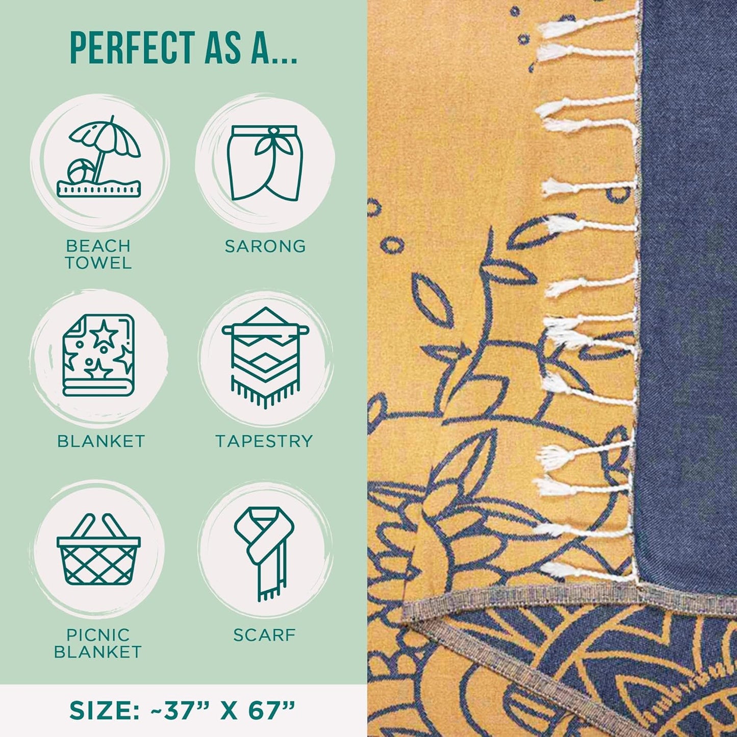 Sand Cloud Turkish Beach Towel - Sand Free - 100% Organic Turkish Cotton Yarn - Quick Dry Towel for Beach, Picnic, Blanket or Bath Towel - As Seen on Shark Tank - Flower Mandala Navy