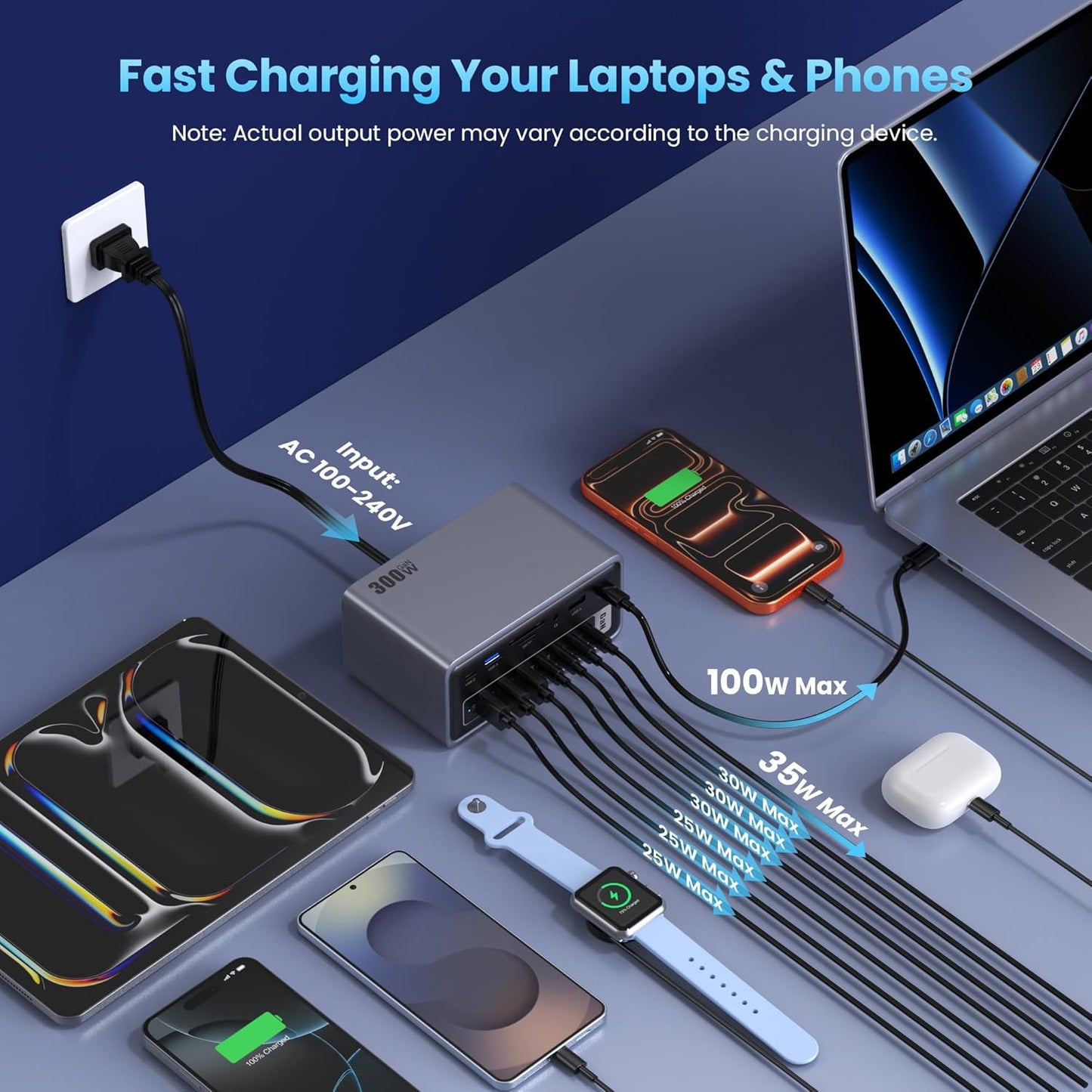 20-in-1 300W Charging Station,USB Docking Station Triple Display USB C Hub with 2x4K HDMI,DP,VGA,Ethernet,7 USB A/C Ports,5Gbps USB A/C Ports,SD/TF,Audio,100W PD Fast Laptop Charger for Windows/macOS