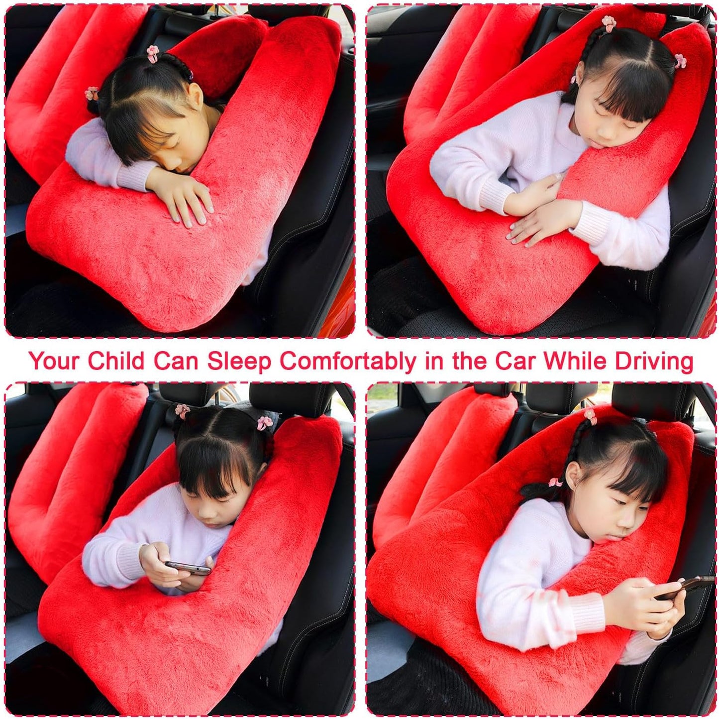 Travel Pillow, Travel Pillow for Kids, Sleeper Hold Pillow Travel, Removable U-Shaped Pillow for Adults and Children to Support Head and Body in The Back Seat of Long Car Trips (Red)