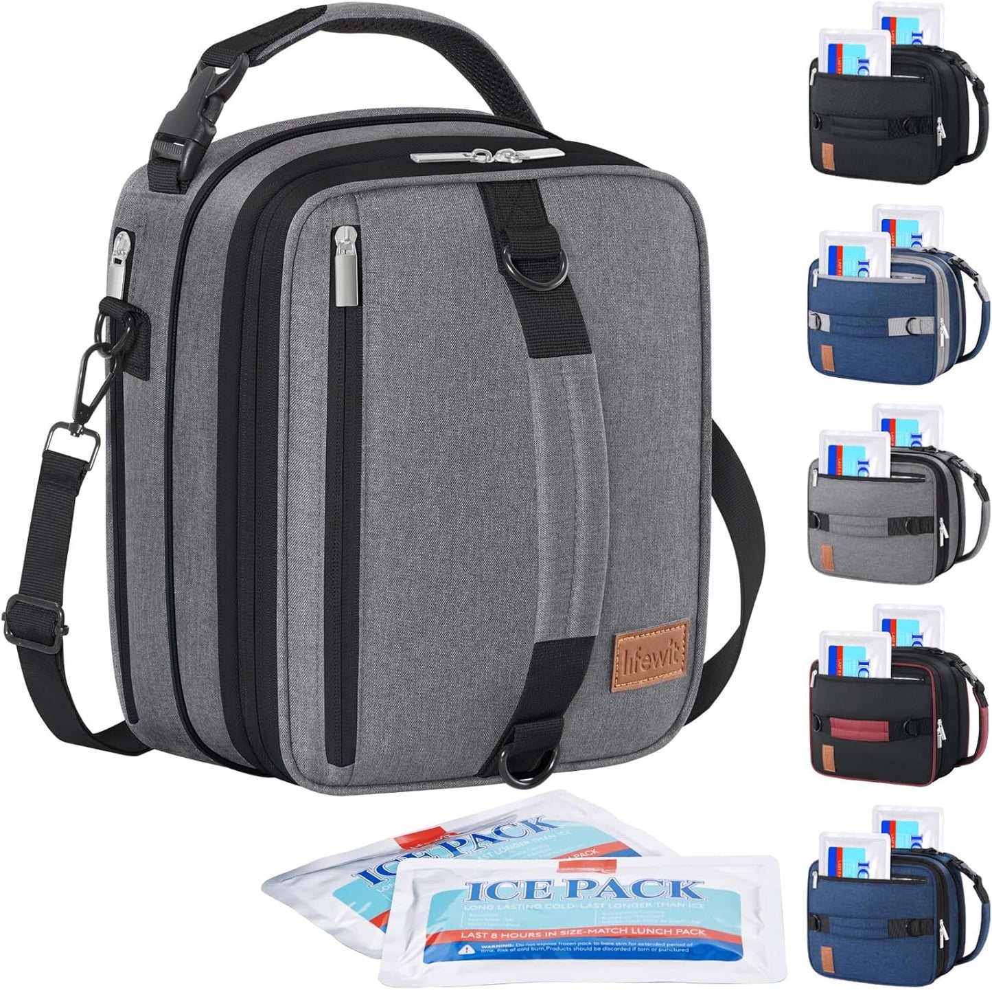 Lifewit Insulated Lunch Box for Men, Expandable Cooler Bag, Freezable Lunch Bag for Women with 2 Ice Packs and Shoulder Straps for Work Travel College, 8.2L Gray