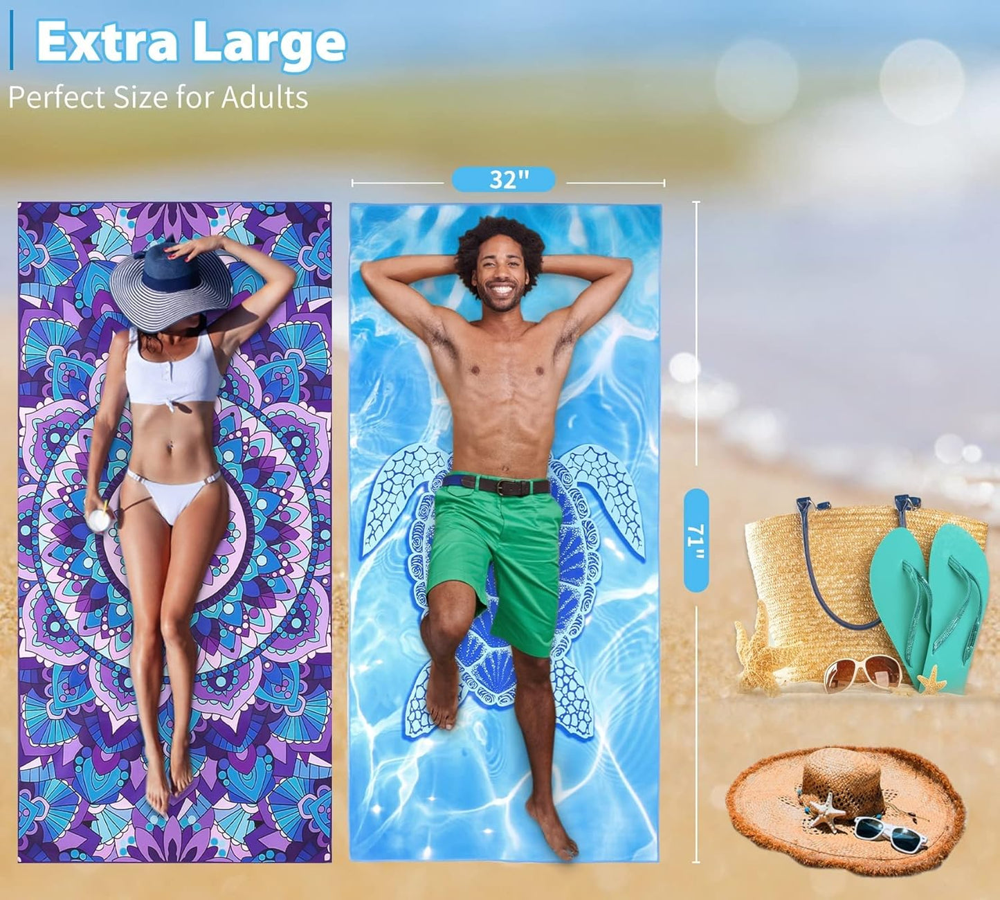 Microfiber Towel - Sand Free Absorbent Quick Dry for Pool, Swim, Camping, Sports, Beach, Backpacking, Yoga, Gym, Travel Towels XL 71x32 with Bag - Soft, Compact, Lightweight, Thin 4 Pack