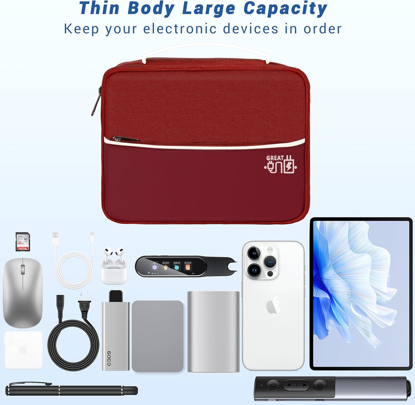 Electronics Organizer,Travel Cord Organizer Pouch, Portable Cable Organizer Bags, Waterproof Electronic Accessories Storage Case for Cables, Cords, Charger, Phone (Three Layer-Winered)