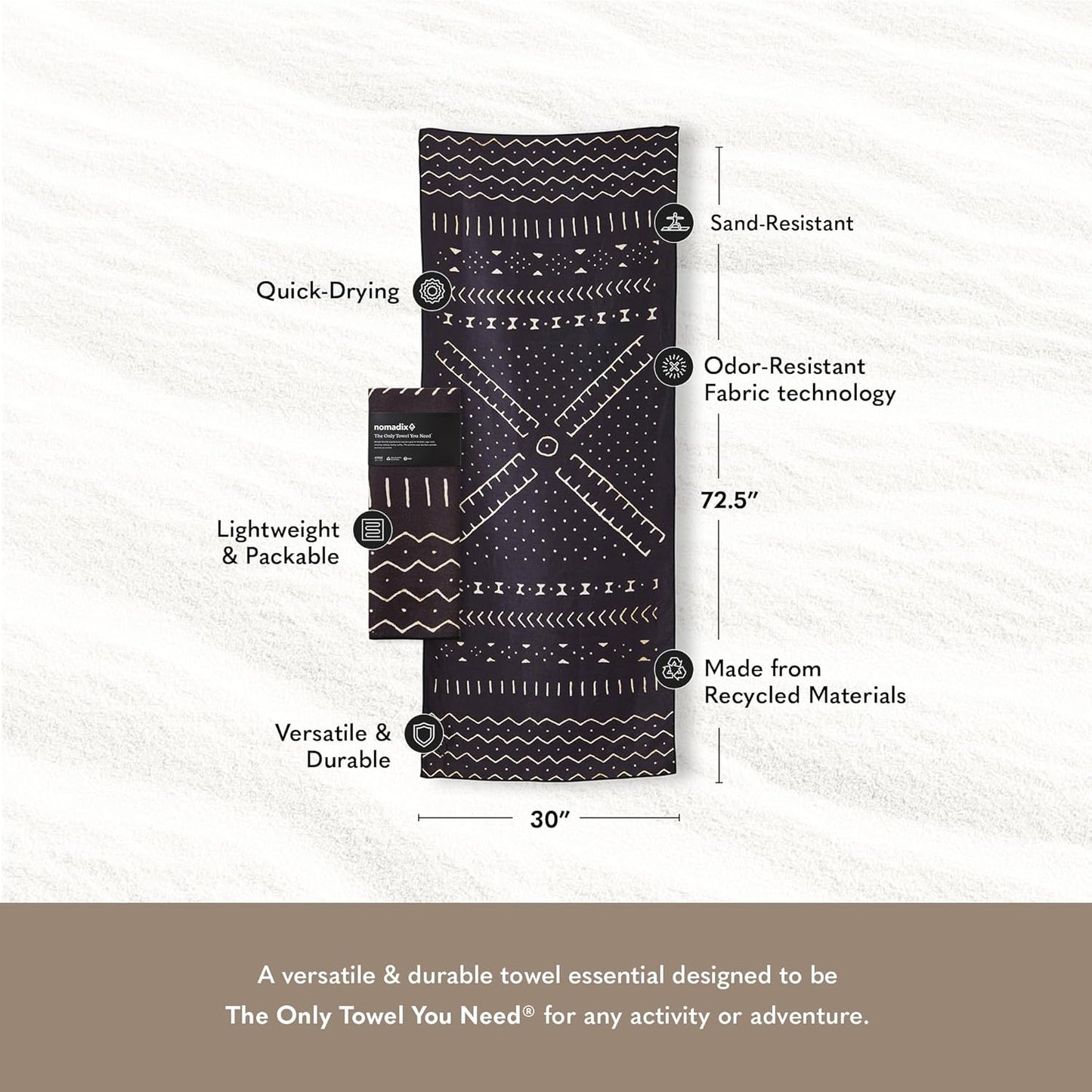 Nomadix Original Towel - Perfect for Beach, Pool, Travel, Camping, Yoga - Made with Recycled Materials - Super Absorbent - Sand Resistant - Mud Cloth - 72.5" x 30"