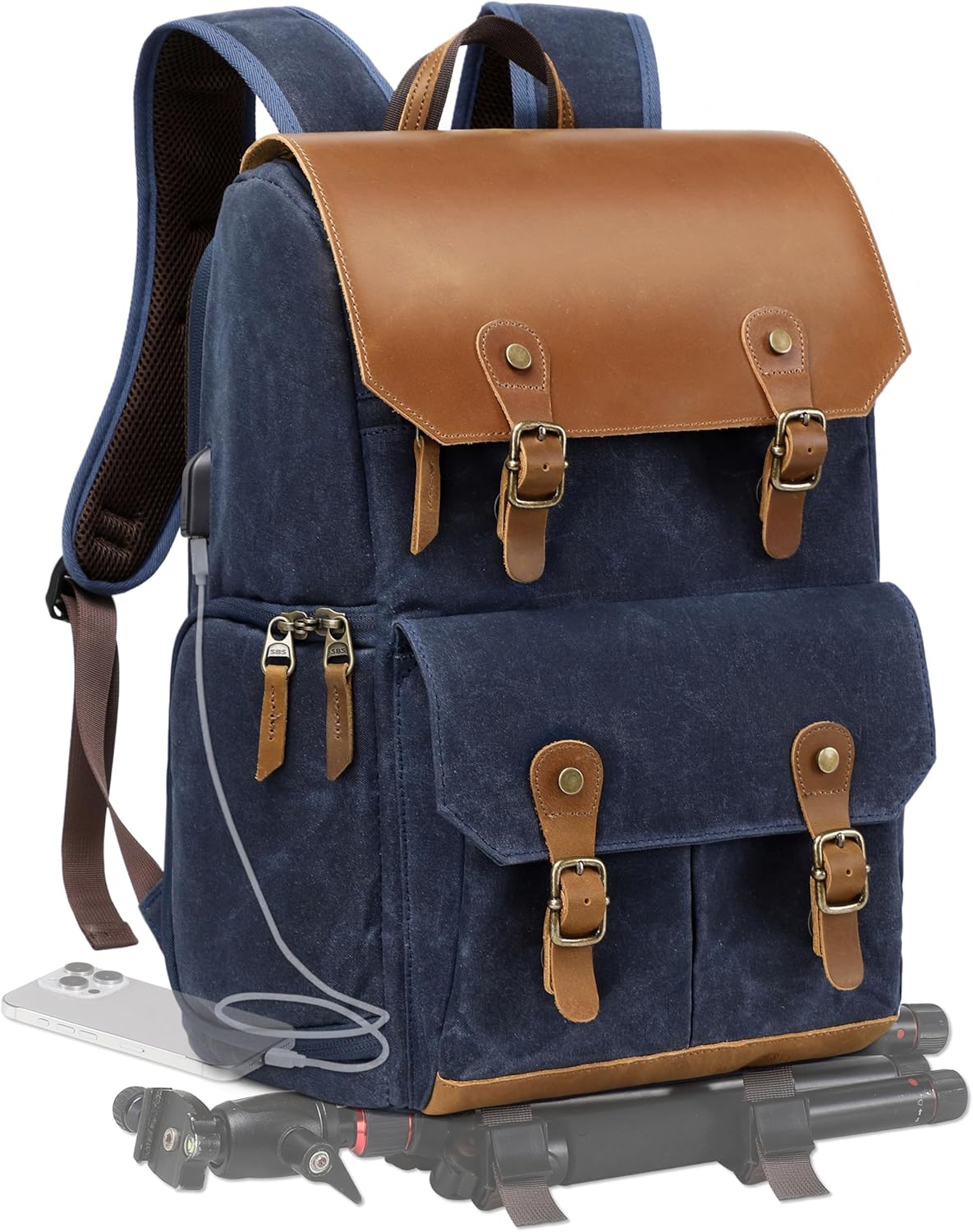 Padwa Lifestyle Blue Camera Backpack - Waxed Memory Weather Resistant Canvas Large Camera Bag,Multifunctional Dslr Camera Backpacks with Multi Cameras,Lens & 16” Laptop Compartment for Photographers