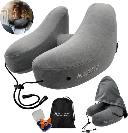 Modern Advantage Inflatable Travel Pillow for Airplanes – Hooded Neck Pillow with Adjustable Support – Comfortable, Compact & Travel-Friendly – Perfect for Sleeping on Long Flights (Grey)