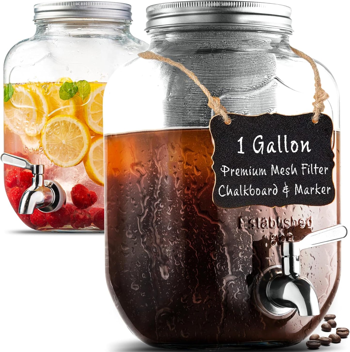 1 Gallon Cold Brew Coffee Maker - 3rd Generation Fine Mesh Filter - Stainless Steel Spigot - Extra Thick Large Glass Mason Jar Drink Dispenser Carafe, Iced Coffee Maker & Sun Tea Pitcher with Infuser.