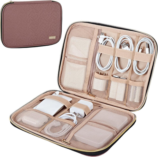 NISHEL Travel Cord Organizer Case, Tech Electronic Bag, Essentials for Charger, Cable, Phone, Hard Drive, USB, SD Card, Rosewood-Pink