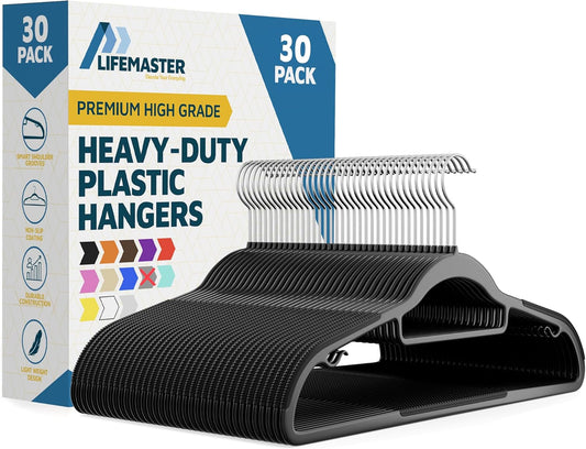 LifeMaster 30 Pcs. Dry Wet Clothes Hangers - Heavy Duty Coat Hanger Set with 360° Swivel Hook (Black) Non-Slip Rubber, Space-Saving, Frustration-Free Hanging, Accessory Tie Bar, Smart Strap Hooks